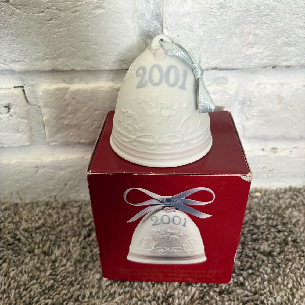 Lladro White Porcelain 2001 Bell Ornament with Pale Blue Ribbon